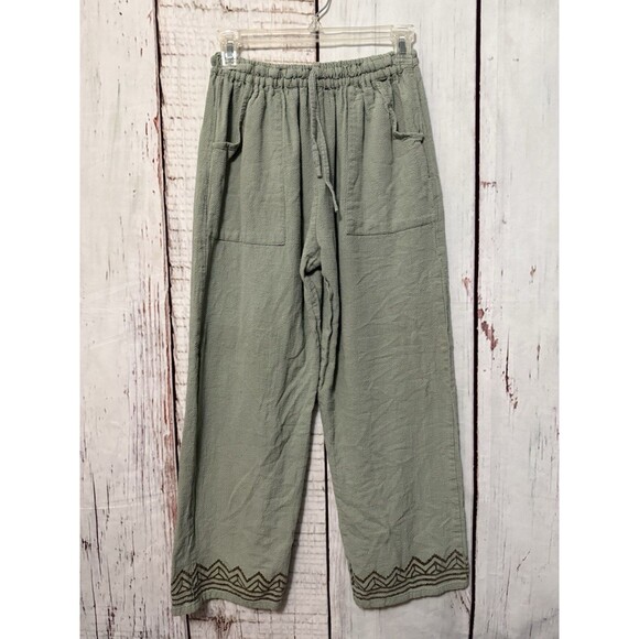 100% Cotton Pull On Casual Wide Leg Pants Aztec Green Pockets Lounge Size S/M - Picture 1 of 10
